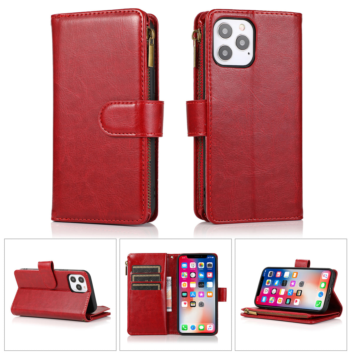 iPhone 15 Plus Luxury Wallet Card ID Zipper Money Holder Case Cover