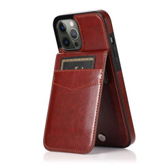 iPhone 15 Plus Luxury Vertical Magnetic Button Card ID Holder PU Leather Case Cover