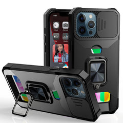 iPhone 15 Plus Multi-Functional Card Magnetic Ring Stand Hybrid Camera Case Cover