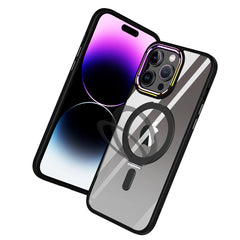 iPhone 15 Pro Dazzle [Magnetic Circle] Kickstand Alloy Chrome Transparent Hybrid