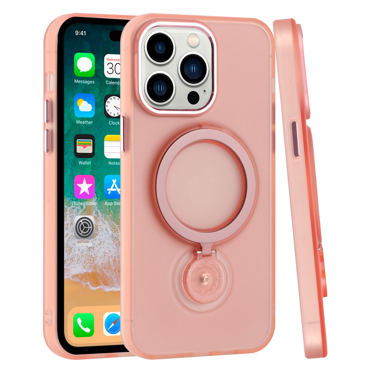 iPhone 15 Hoop Kickstand [Magnetic Circle] HD Transparent Chrome Hybrid - Pink