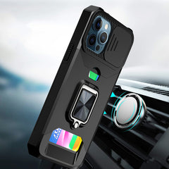 iPhone 15 Pro Multi-Functional Card Magnetic Ring Stand Hybrid Camera Case Cover