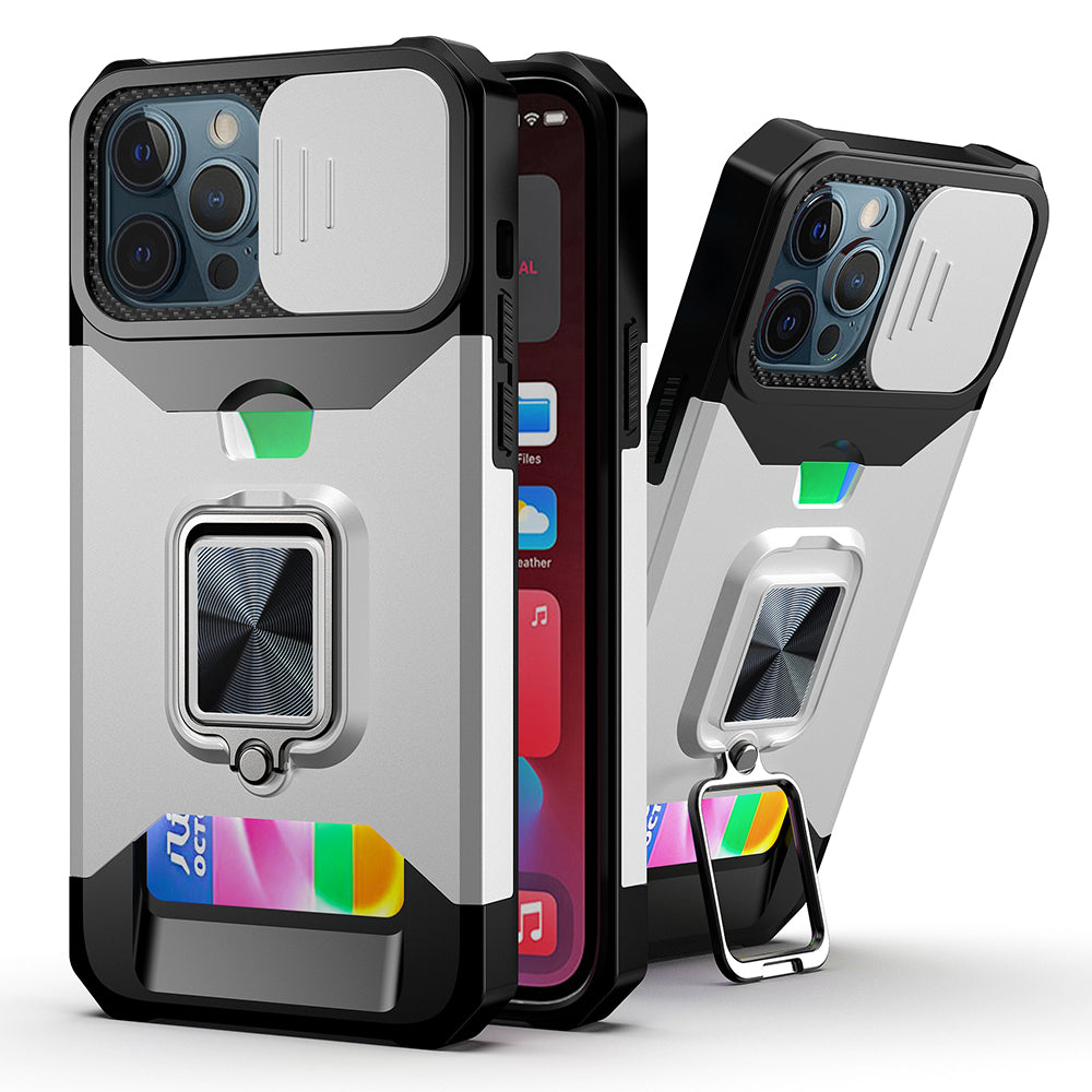 iPhone 15 Multi-Functional Card Magnetic Ring Stand Hybrid Camera Case Cover