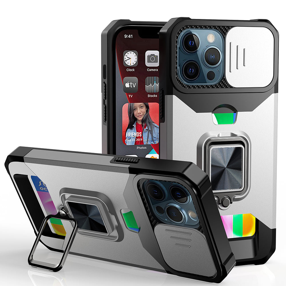 iPhone 15 Pro Multi-Functional Card Magnetic Ring Stand Hybrid Camera Case Cover