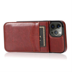 iPhone 15 Pro Luxury Vertical Magnetic Button Card ID Holder PU Leather Case Cover