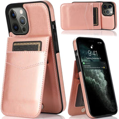 iPhone 15 Luxury Vertical Magnetic Button Card ID Holder PU Leather Case Cover