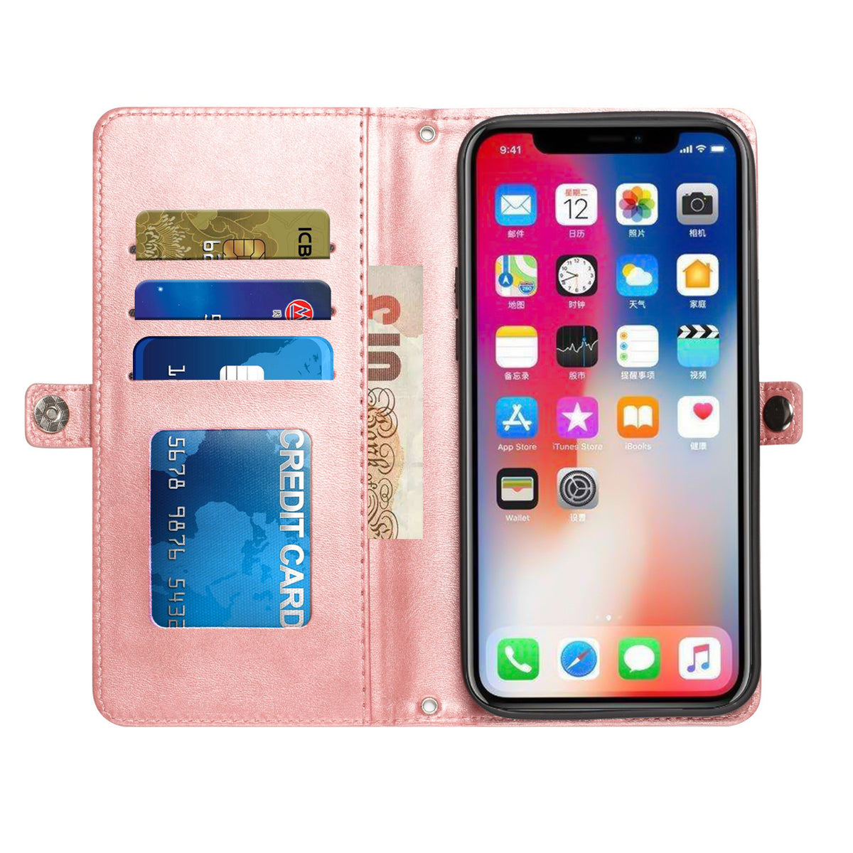 iPhone 15 Wallet Premium PU Vegan Leather ID Multiple Card Holder Money with Strap - Rose Gold