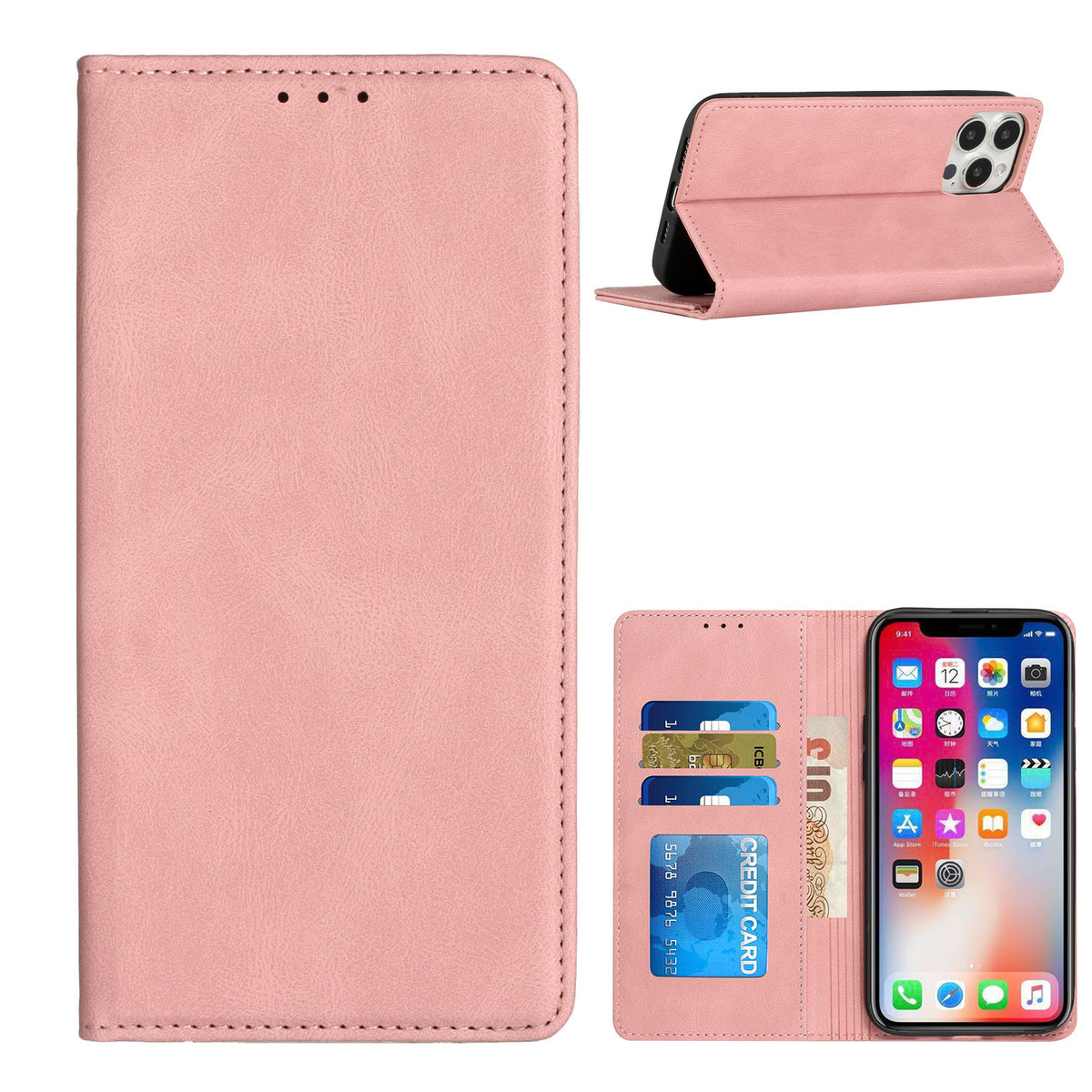 iPhone 15 Plus Wallet Premium PU Vegan Leather ID Card Money Holder with Magnetic Closure