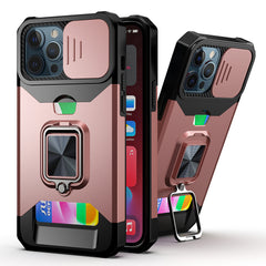 iPhone 15 Multi-Functional Card Magnetic Ring Stand Hybrid Camera Case Cover