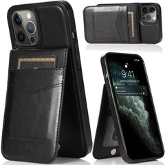 iPhone 15 Luxury Vertical Magnetic Button Card ID Holder PU Leather Case Cover